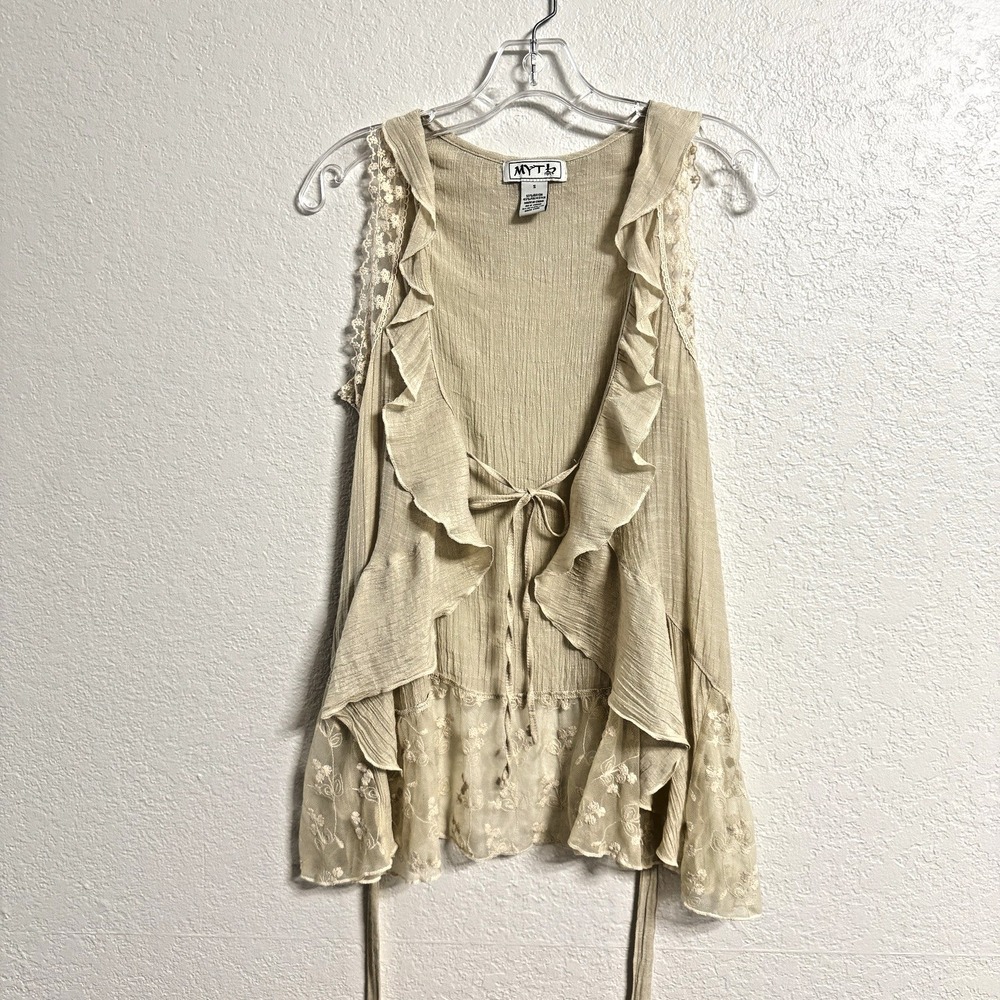 Myth NYC Blouse Womens Small Cream Boho Lace Ruffle Sheer Tie Front